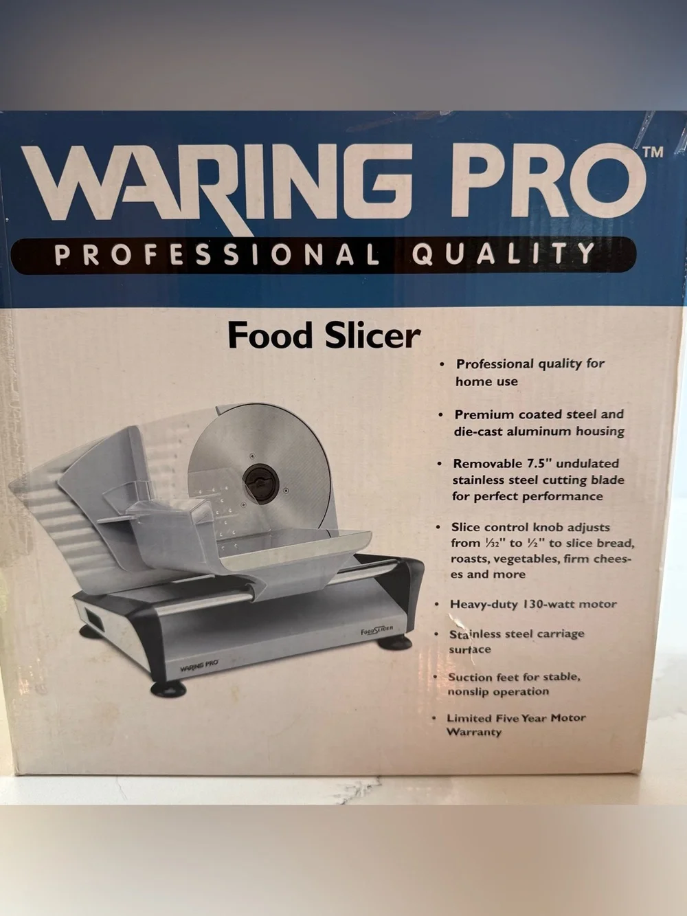Waring Pro FS150 Electric Food Slicer Adjustable 7.5” Blade 130W Stainless Steel